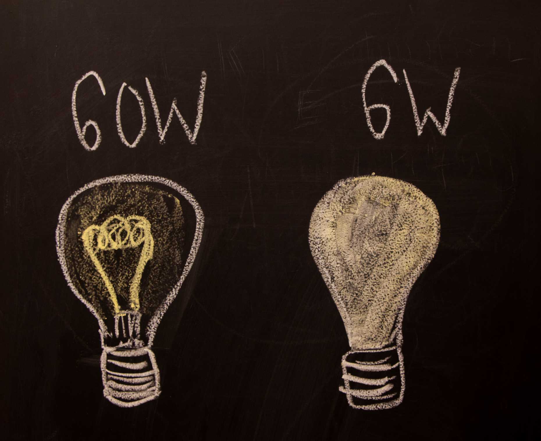 Enlarged view: What is the difference between using a cnventional lightbulb with 60 Watt or an energy efficient one with  6 Watt?